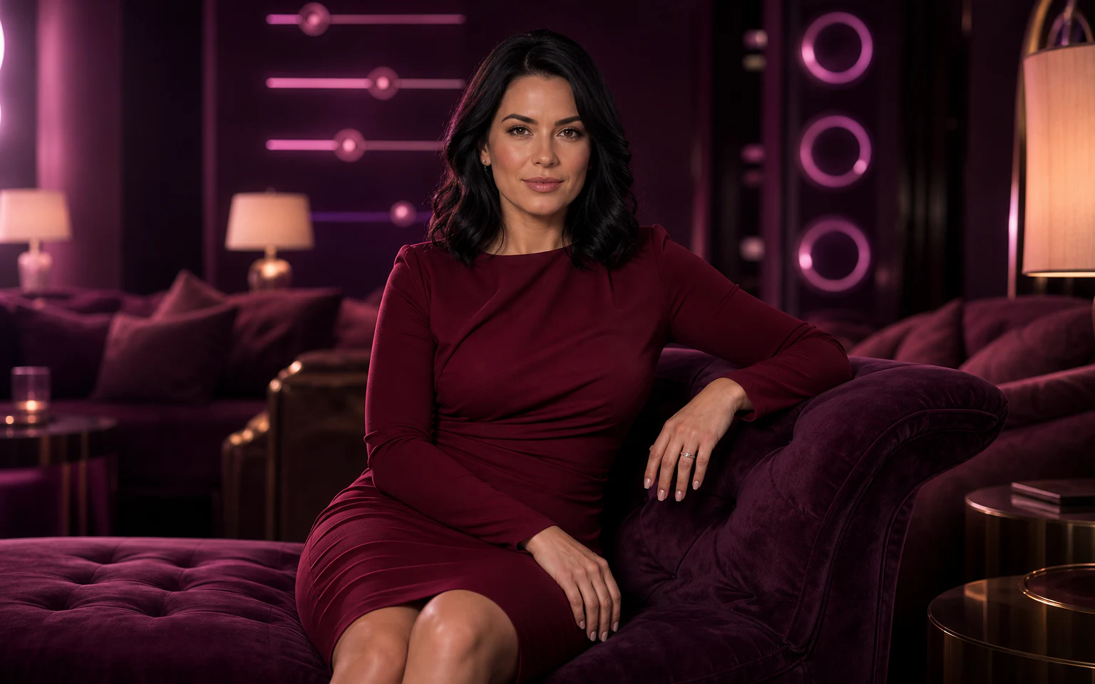 Lovescape adult content controls Fictional adult woman in a private lounge with personalized experience controls